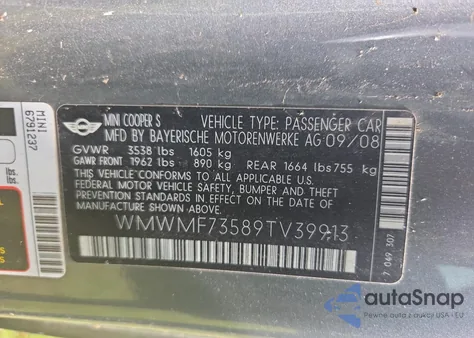 2009 Mini Cooper S z USA, uszkodzony, nr VIN WMWMF73589TV39913